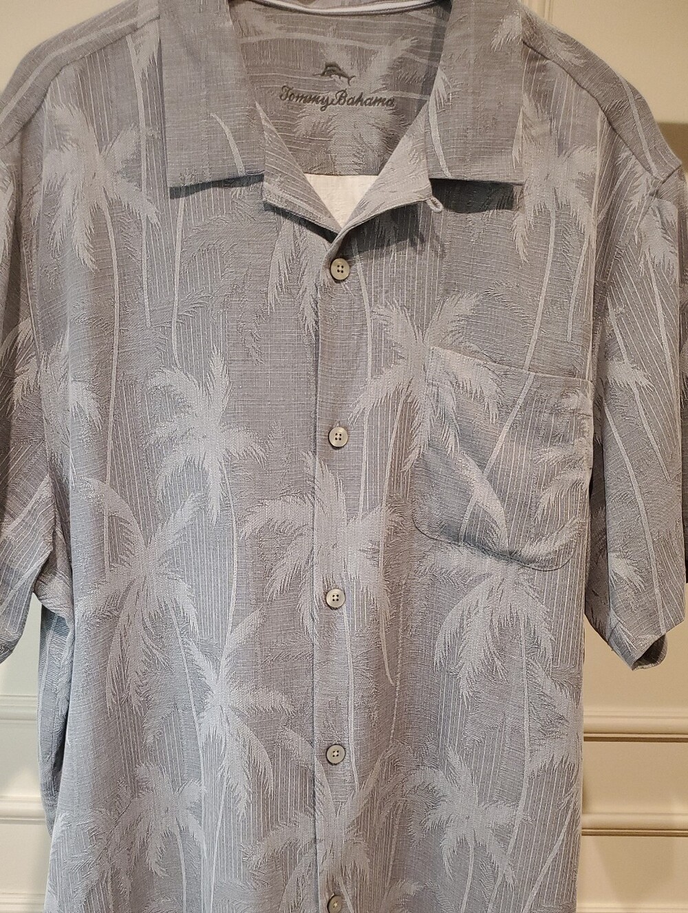 Tommy Bahama Light Gray Palm-Print Camp Shirt Silk Short Sleeve Men's Size XL